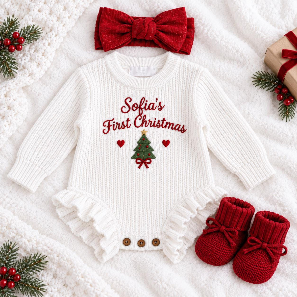Personalized Baby Christmas Romper Outfit, Embroidered First Christmas Romper, Baby Girl Boy Set, Custom Name Bodysuit Headband Booties