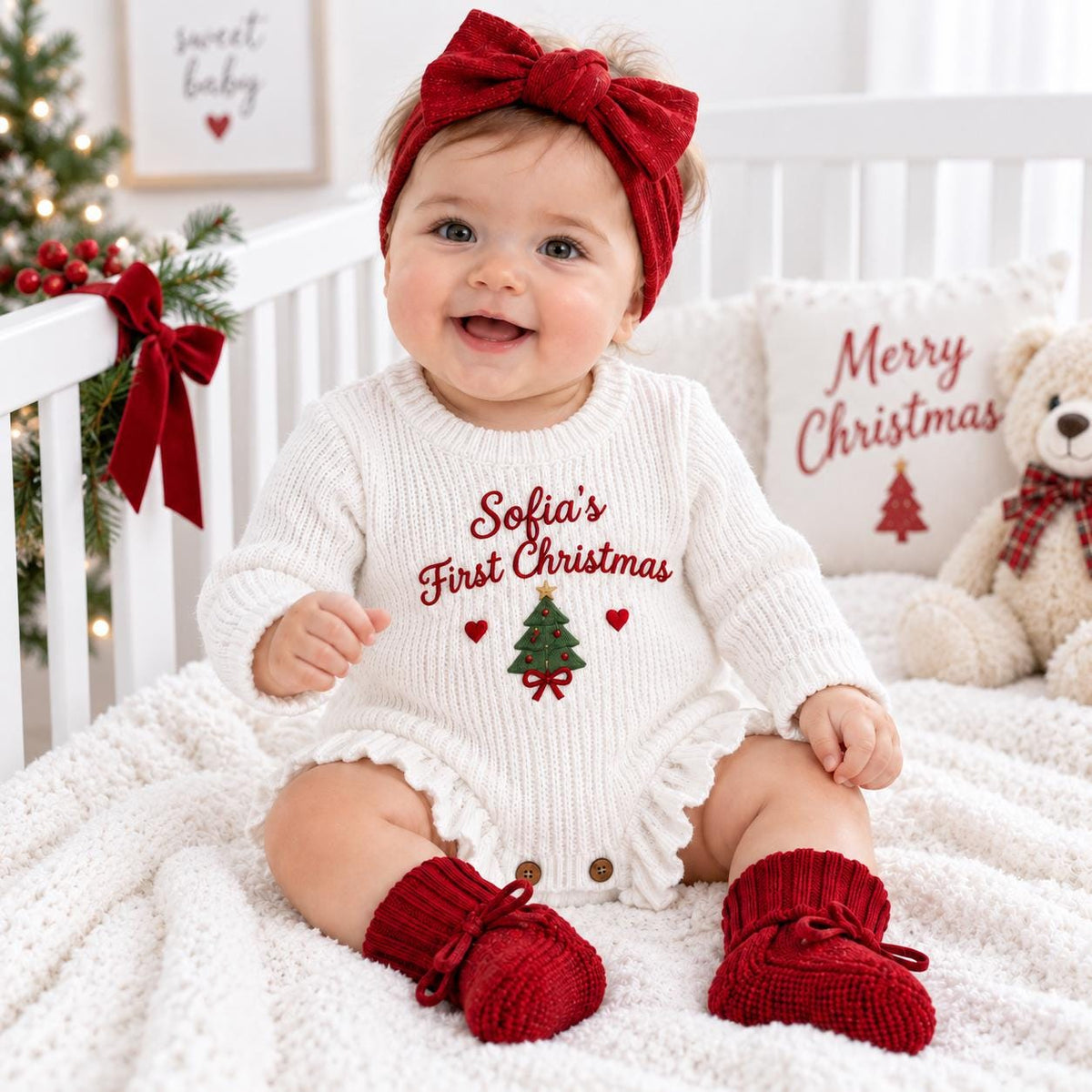 Personalized Christmas Romper, Baby Girl First Christmas Outfit, Custom Name Bodysuit, Headband and Booties Holiday Set