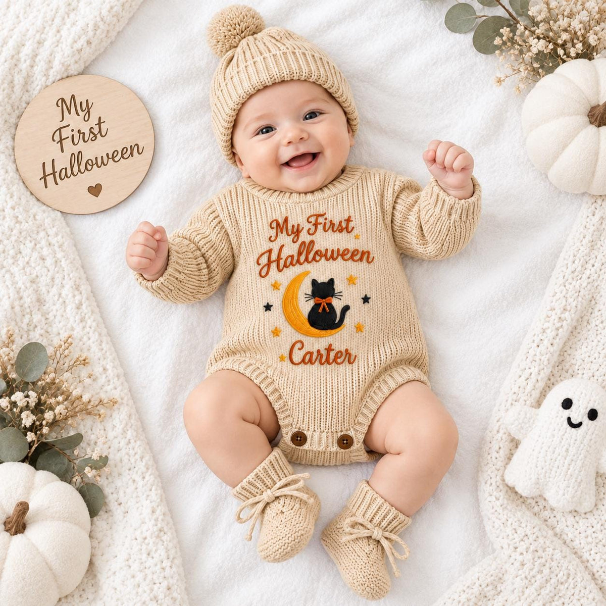 My First Halloween Baby Romper, Personalized Baby Name Outfit, Embroidered Black Cat Moon Bodysuit, Halloween Baby Clothes
