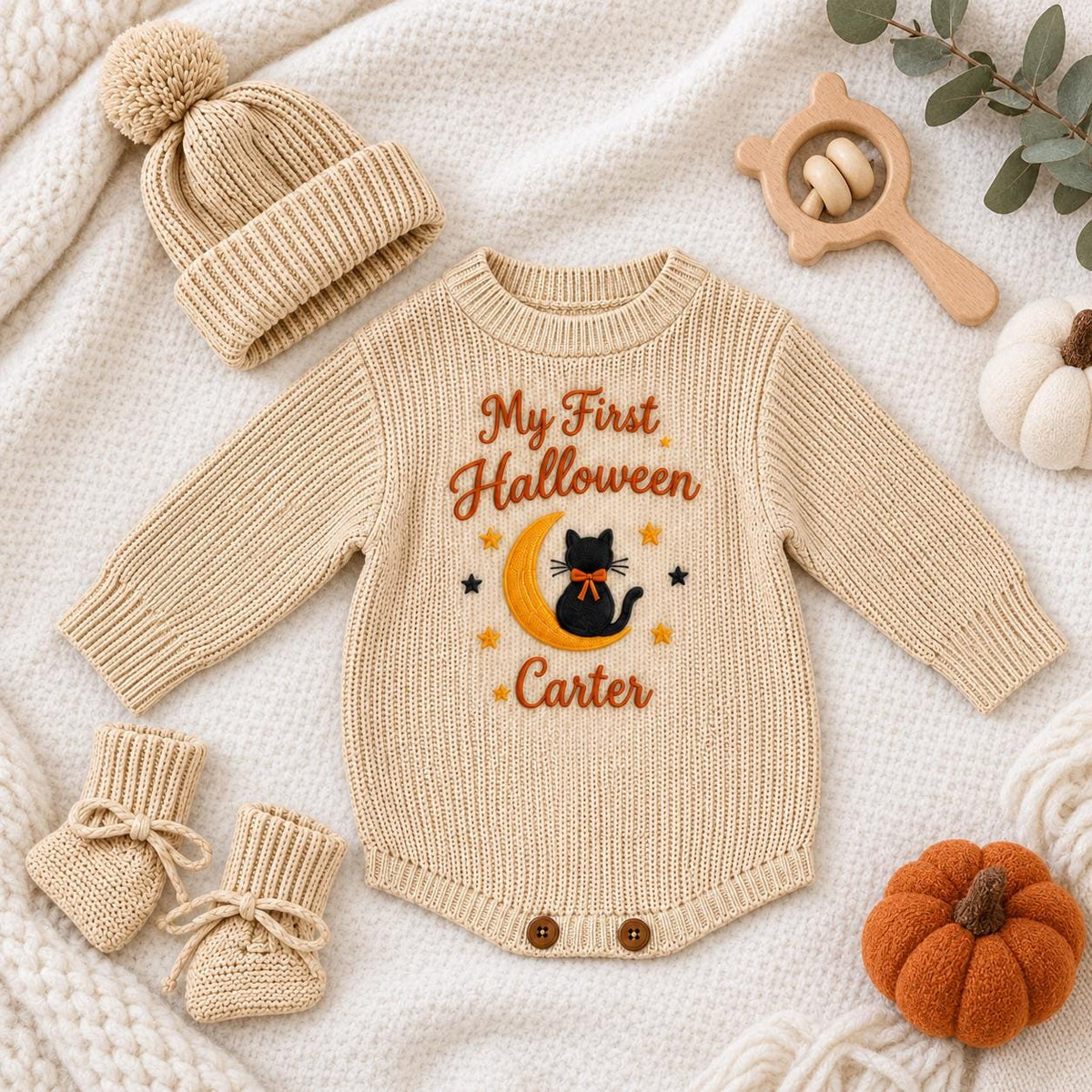 Personalized First Halloween Outfit, Custom Baby Name Romper, Embroidered Halloween Bodysuit, Black Cat Moon Baby Gift