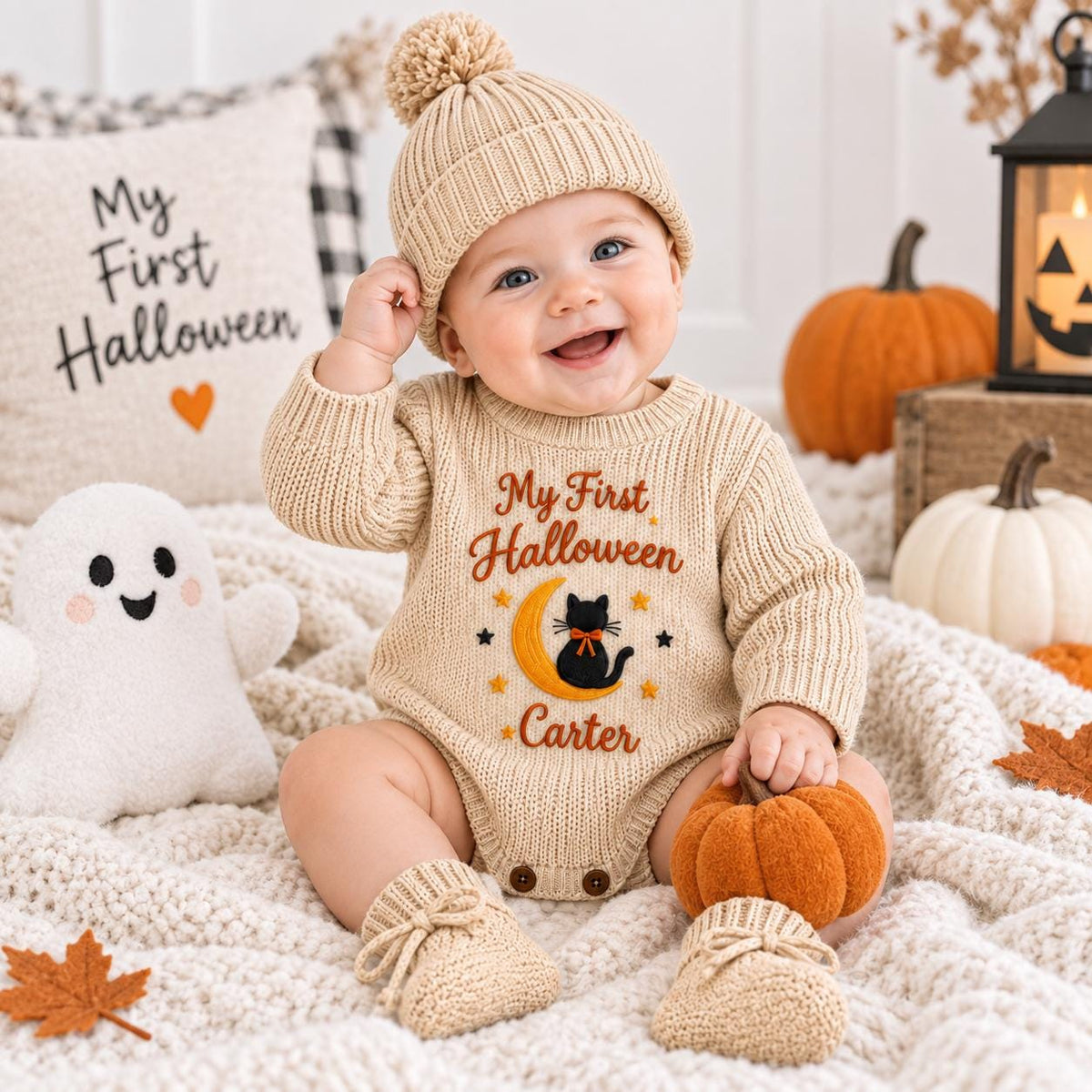 My First Halloween Baby Romper, Personalized Baby Name Outfit, Embroidered Black Cat Moon Bodysuit, Halloween Baby Clothes