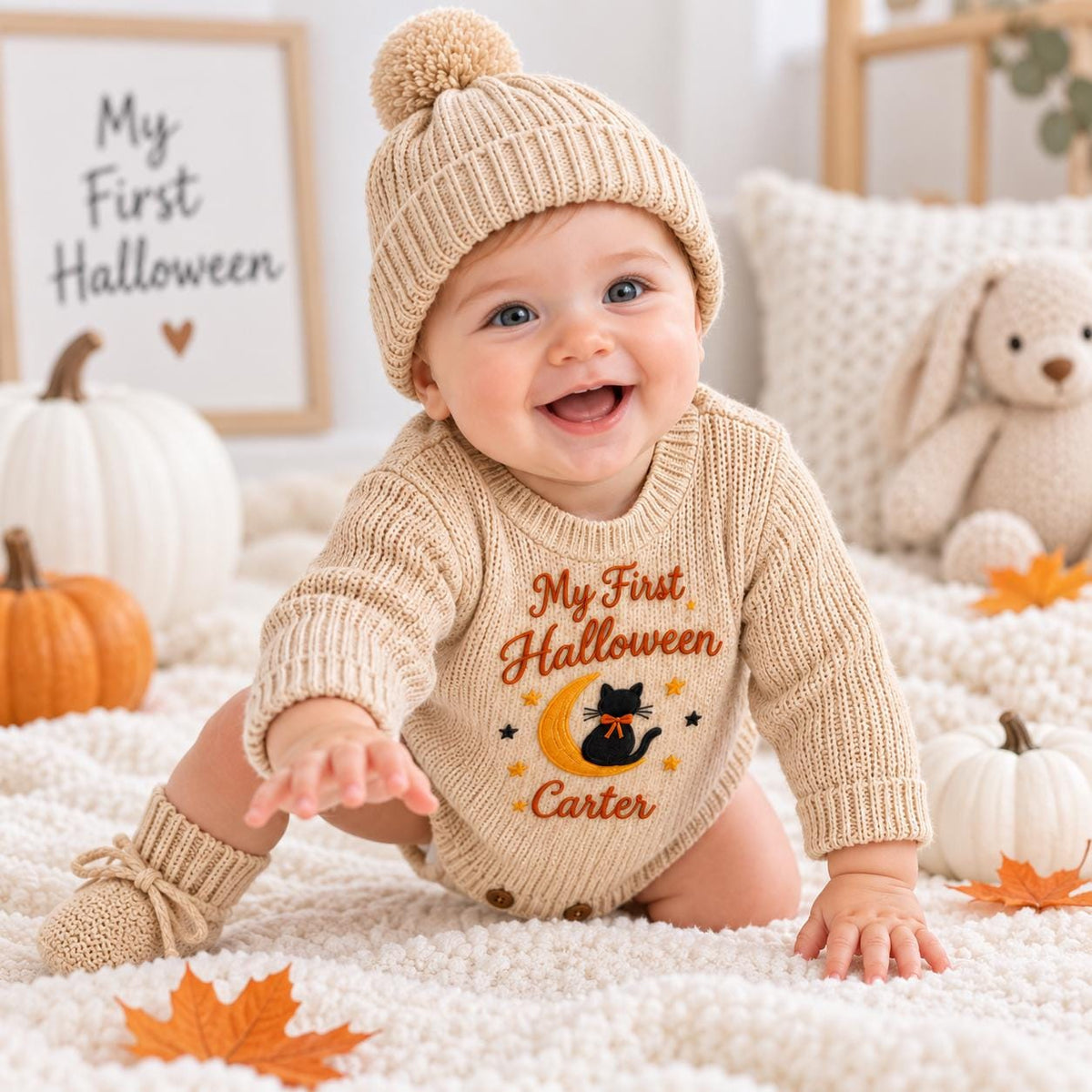Personalized First Halloween Outfit, Custom Baby Name Romper, Embroidered Halloween Bodysuit, Black Cat Moon Baby Gift