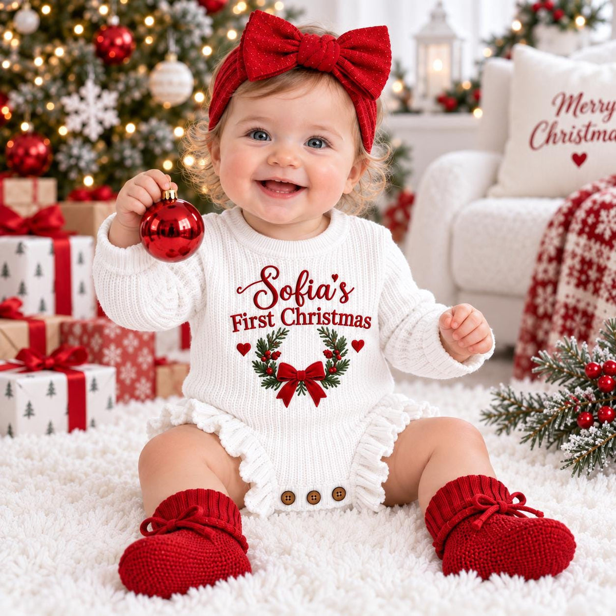 Personalized Baby Christmas Romper, First Christmas Outfit, Custom Name Embroidered Romper, Baby Girl Christmas Outfit