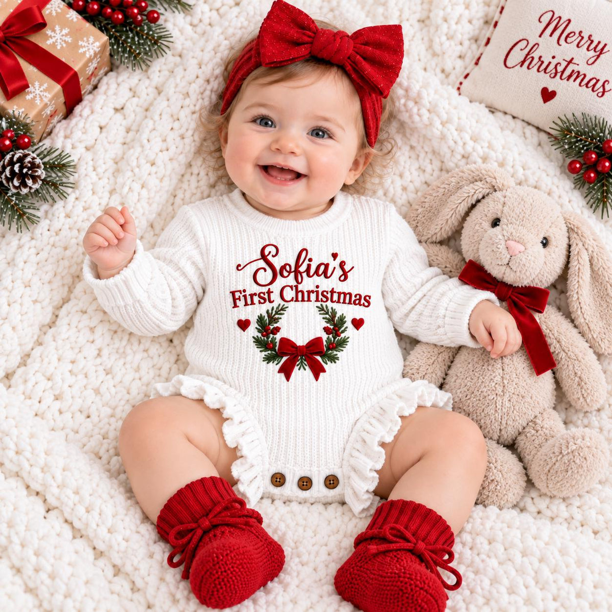 Personalized Baby Christmas Romper, First Christmas Outfit, Custom Name Embroidered Romper, Baby Girl Christmas Outfit