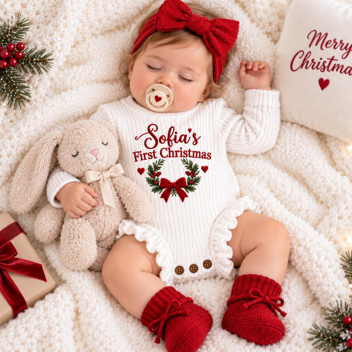 Personalized Baby Christmas Romper, First Christmas Outfit, Custom Name Embroidered Romper, Baby Girl Christmas Outfit