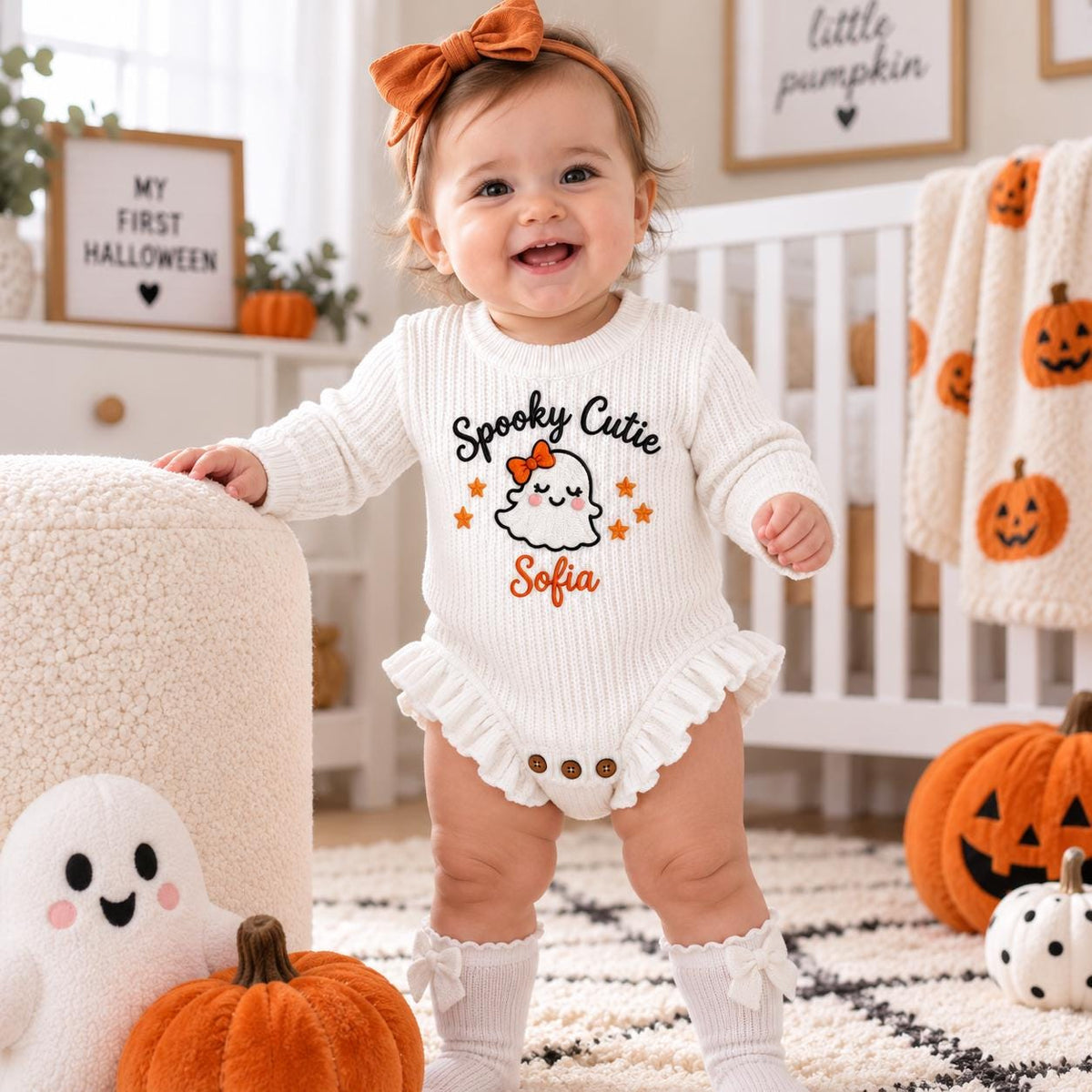 Personalized First Halloween Outfit, Custom Baby Name Romper, Embroidered Halloween Bodysuit, Baby Ghost