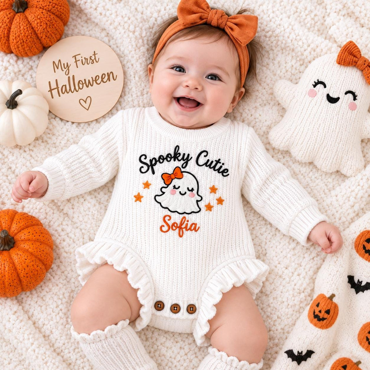 Personalized First Halloween Outfit, Custom Baby Name Romper, Embroidered Halloween Bodysuit, Baby Ghost