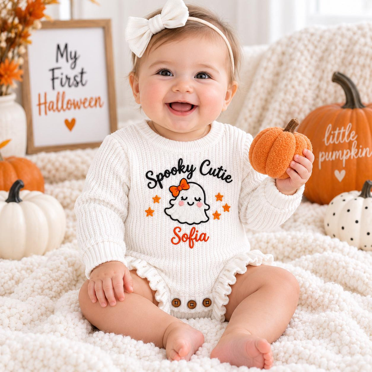 Personalized First Halloween Outfit, Custom Baby Name Romper, Embroidered Halloween Bodysuit, Baby Ghost