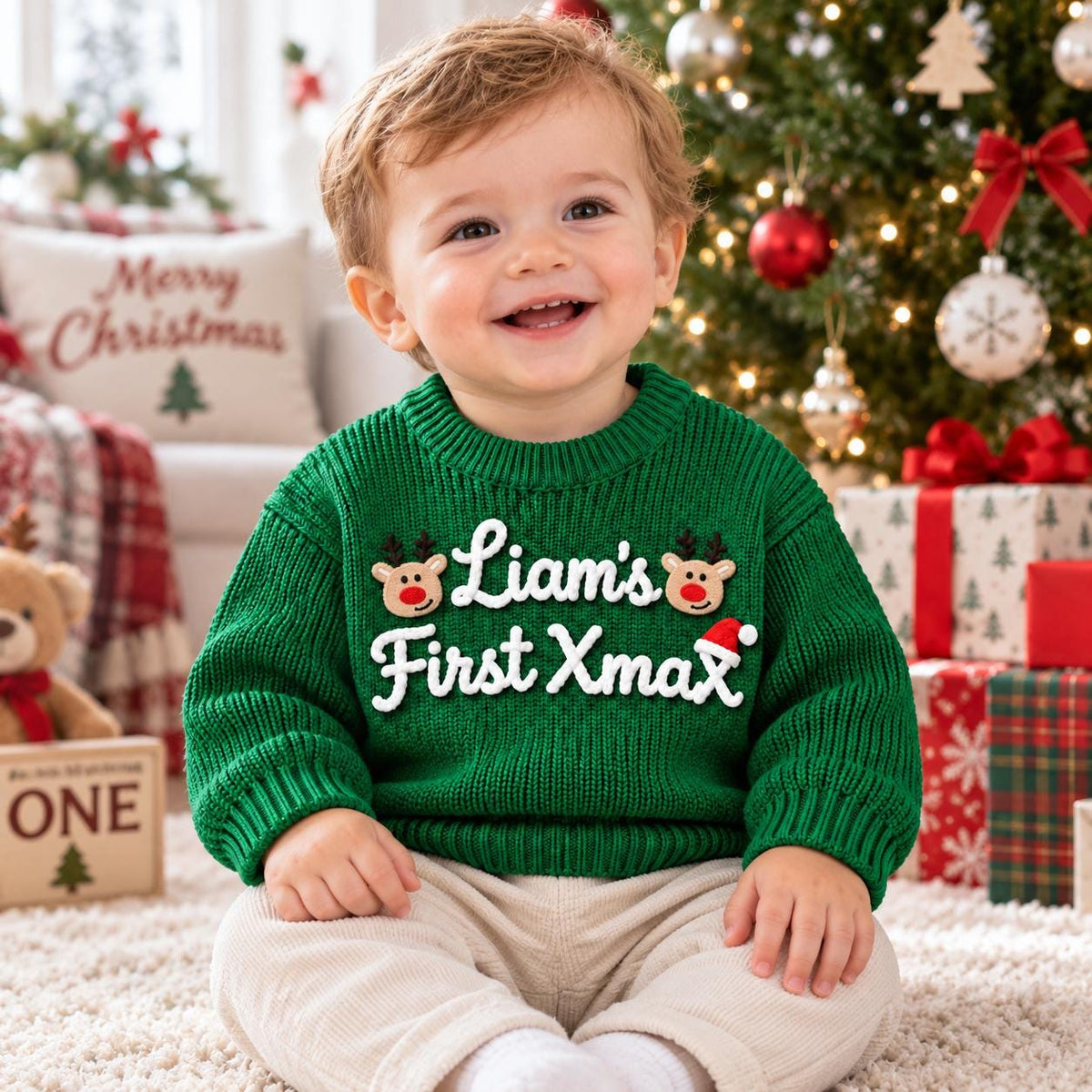 Personalized Baby Christmas Sweater, Custom Name Sweater, Embroidered Baby Christmas Sweater, Reindeer Xmas Outfit, My First Xmas 2026