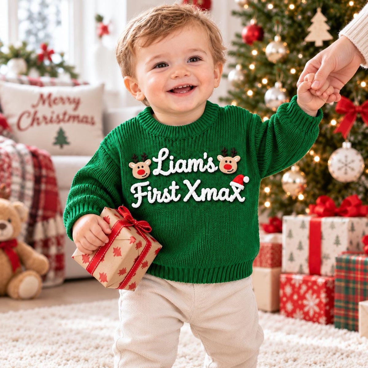 Personalized Baby Christmas Sweater, Custom Name Sweater, Embroidered Baby Christmas Sweater, Reindeer Xmas Outfit, My First Xmas 2026