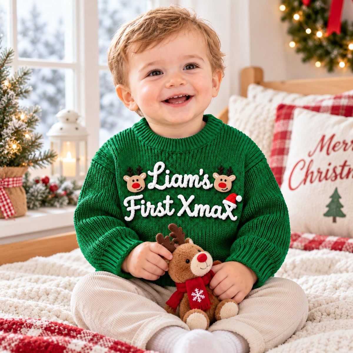 Personalized Baby Christmas Sweater, Custom Name Sweater, Embroidered Baby Christmas Sweater, Reindeer Xmas Outfit, My First Xmas 2026
