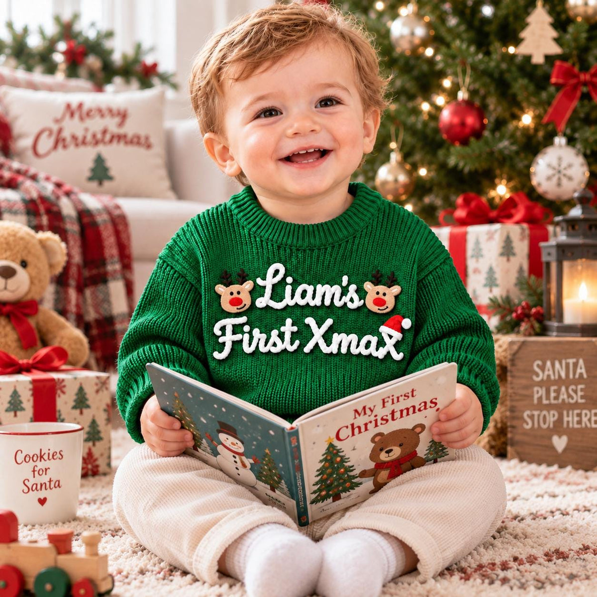 Personalized Baby Christmas Sweater, Custom Name Sweater, Embroidered Baby Christmas Sweater, Reindeer Xmas Outfit, My First Xmas 2026