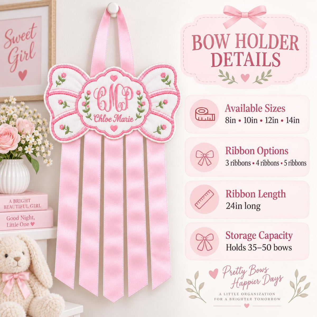Personalized Hair Bow Holder, Custom Embroidered Bow Organizer, Monogram Nursery Decor, Pink Baby Girl Room Decor, Name Gift