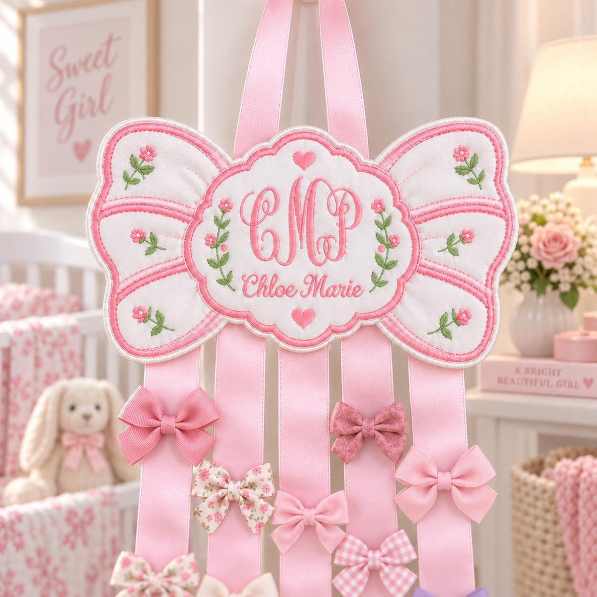 Personalized Hair Bow Holder, Custom Embroidered Bow Organizer, Monogram Nursery Decor, Pink Baby Girl Room Decor, Name Gift