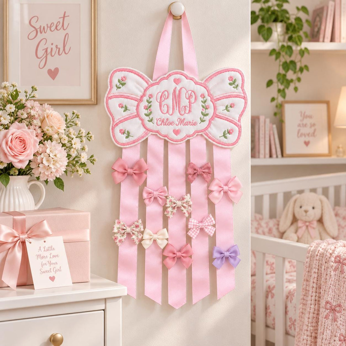 Personalized Hair Bow Holder, Custom Embroidered Bow Organizer, Monogram Nursery Decor, Pink Baby Girl Room Decor, Name Gift