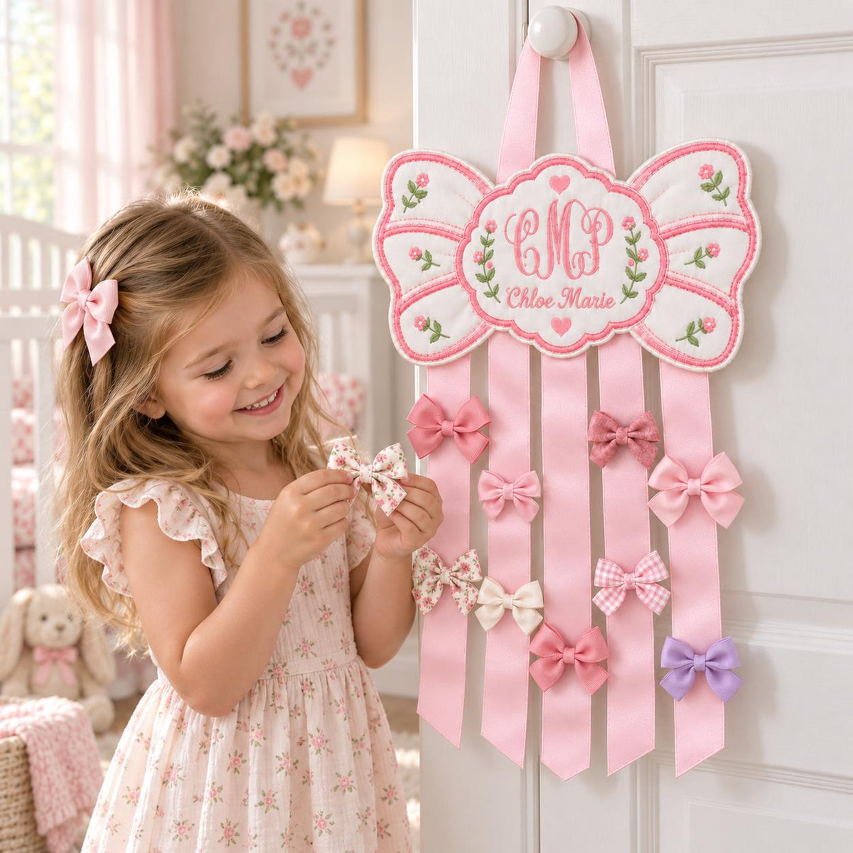 Personalized Hair Bow Holder, Custom Embroidered Bow Organizer, Monogram Nursery Decor, Pink Baby Girl Room Decor, Name Gift