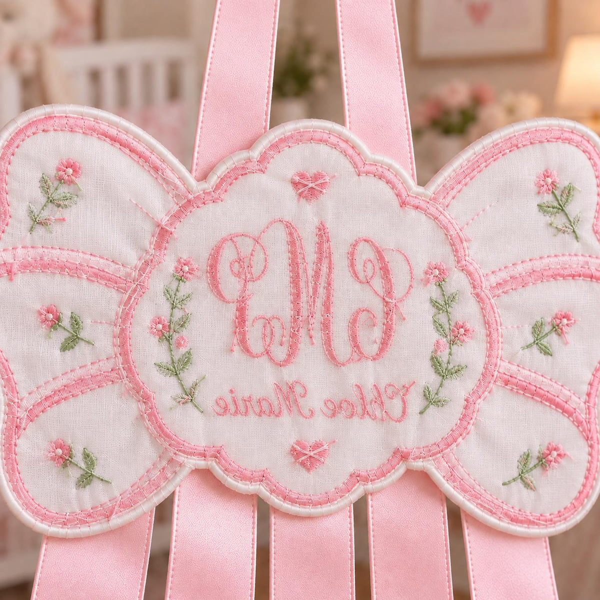 Personalized Hair Bow Holder, Custom Embroidered Bow Organizer, Monogram Nursery Decor, Pink Baby Girl Room Decor, Name Gift