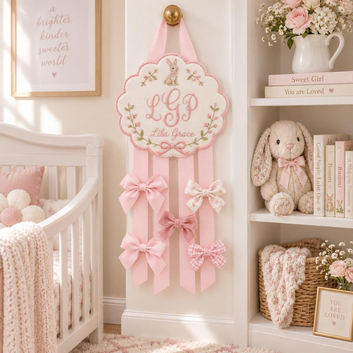 Personalized Hair Bow Holder, Bunny Embroidered Bow Organizer, Custom Name Nursery Decor, Baby Girl Room Decor, Birthday Gift