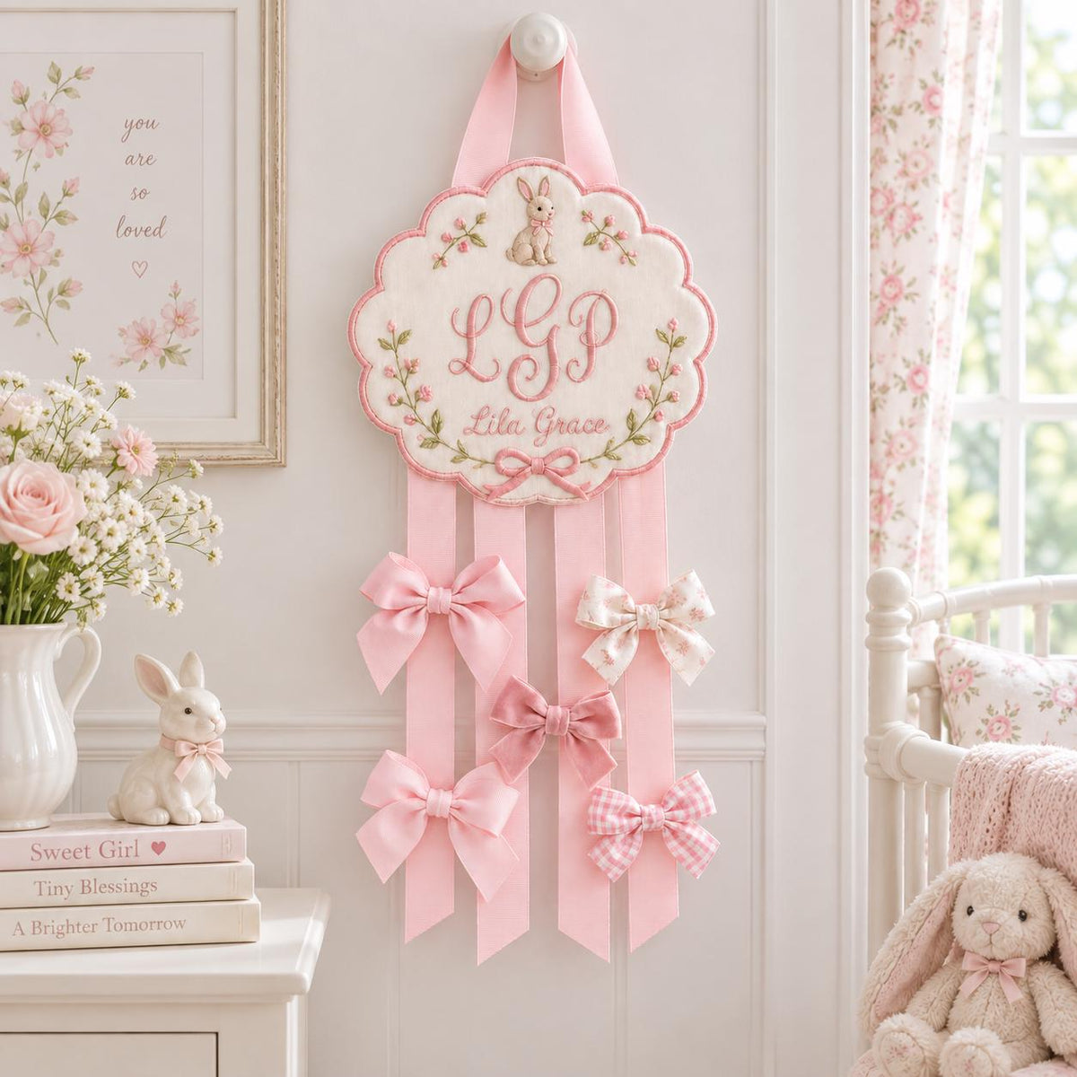 Personalized Hair Bow Holder, Bunny Embroidered Bow Organizer, Custom Name Nursery Decor, Baby Girl Room Decor, Birthday Gift
