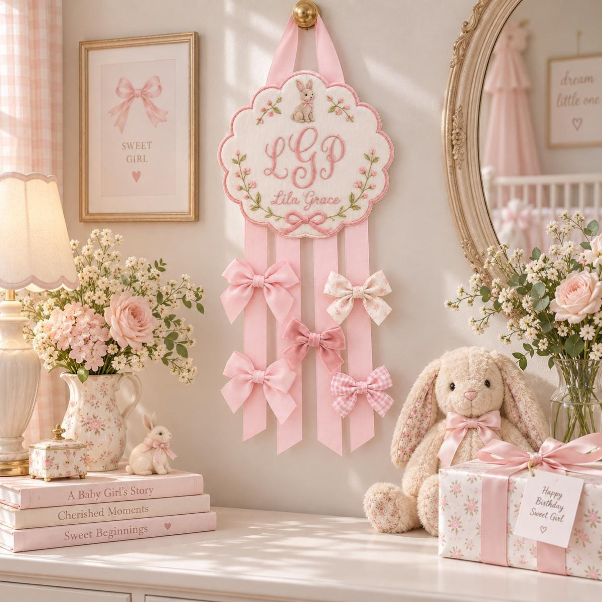 Personalized Hair Bow Holder, Bunny Embroidered Bow Organizer, Custom Name Nursery Decor, Baby Girl Room Decor, Birthday Gift