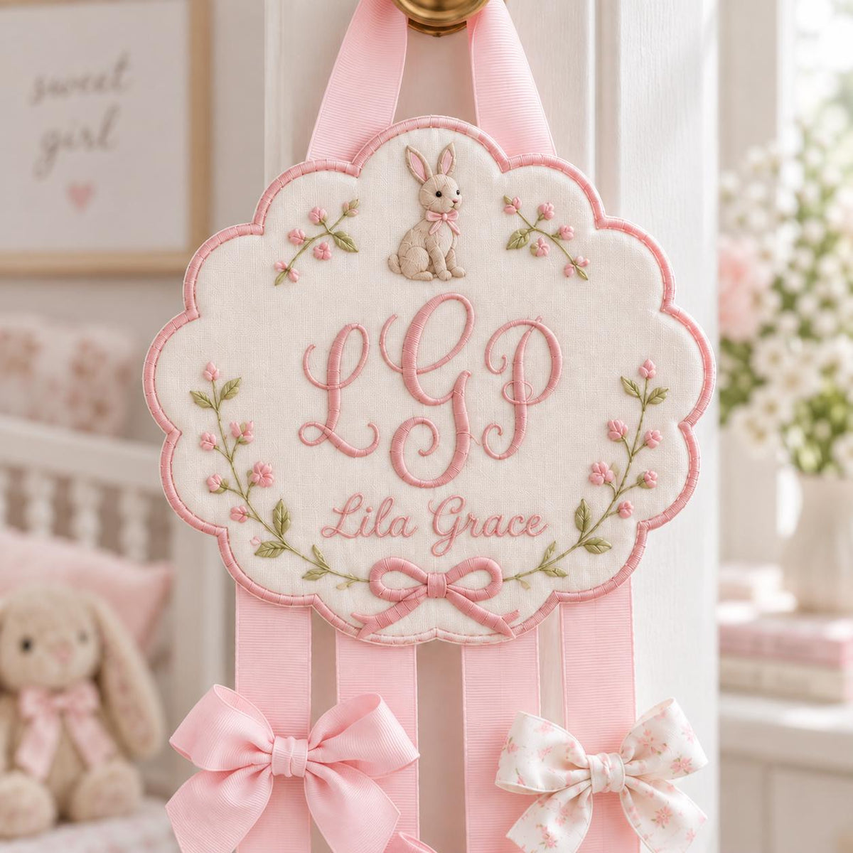 Personalized Hair Bow Holder, Bunny Embroidered Bow Organizer, Custom Name Nursery Decor, Baby Girl Room Decor, Birthday Gift
