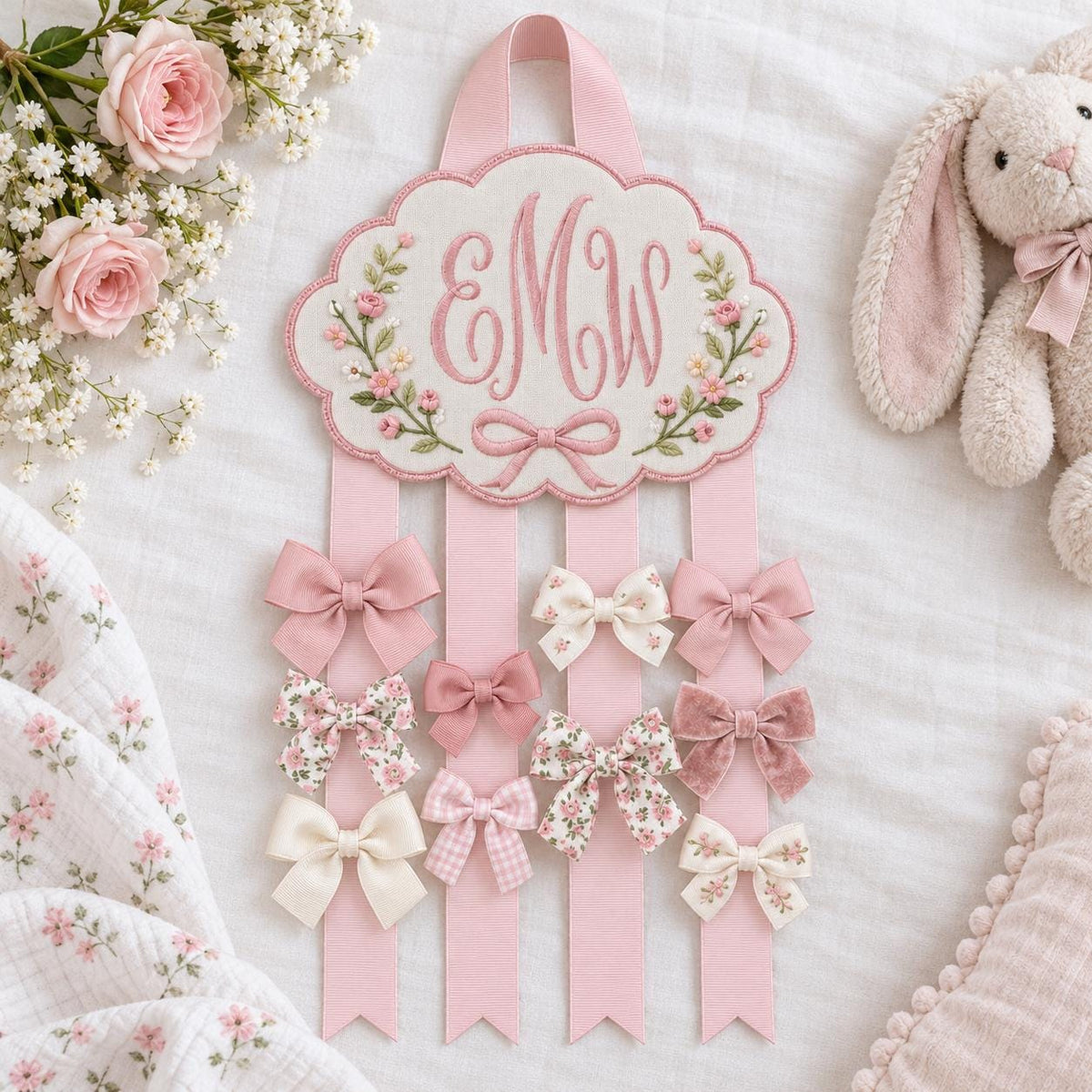 Personalized Hair Bow Holder, Bunny Embroidered Bow Organizer, Custom Name Nursery Decor, Baby Girl Room Decor, Birthday Gift
