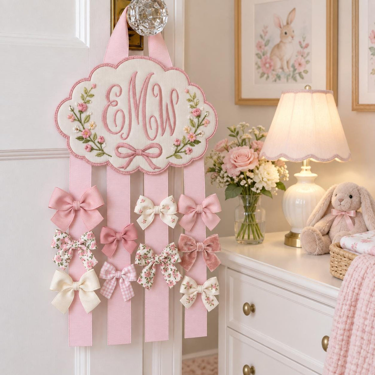 Personalized Hair Bow Holder, Bunny Embroidered Bow Organizer, Custom Name Nursery Decor, Baby Girl Room Decor, Birthday Gift
