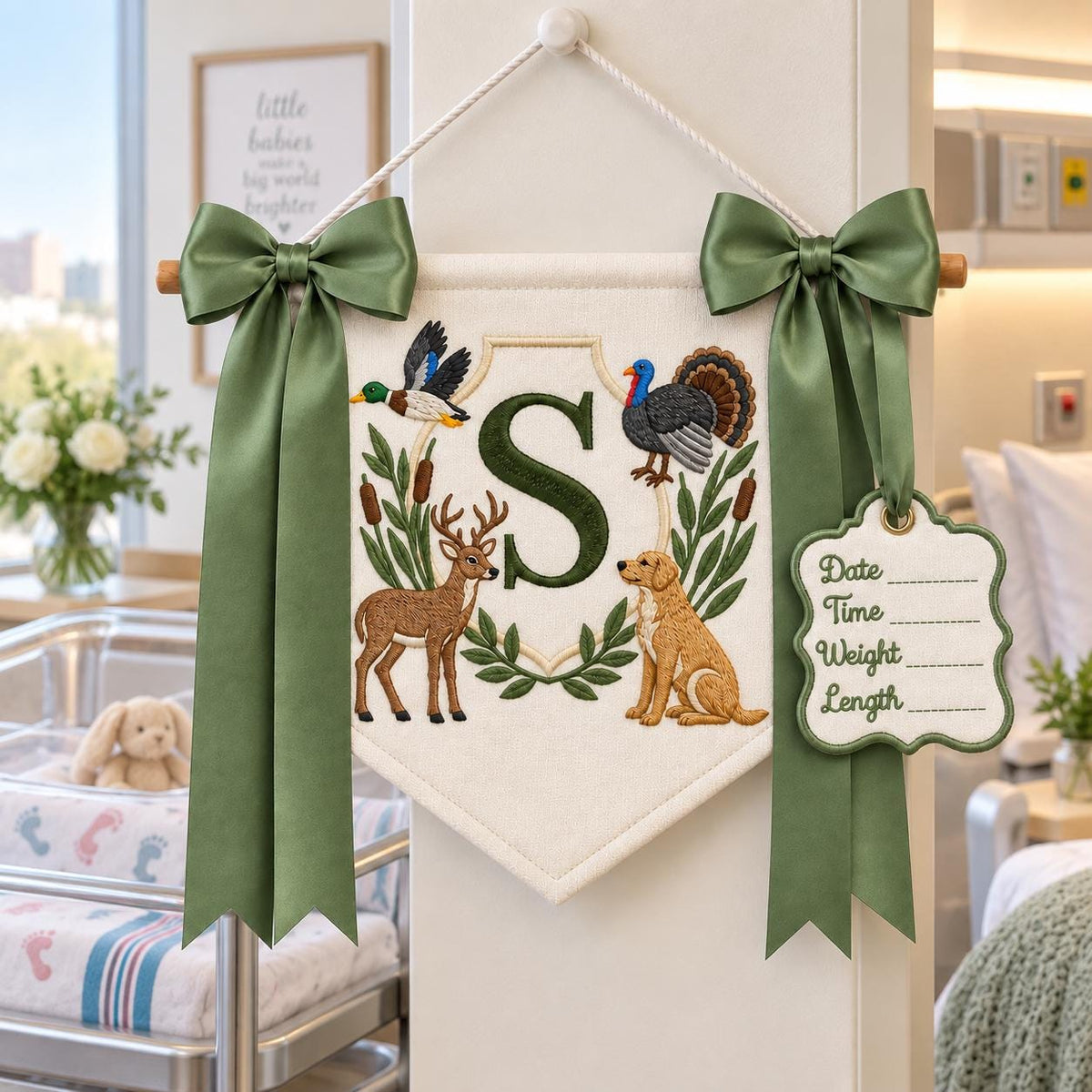 Hunting Baby Boy Name Banner, Personalized Hospital Baby Banner, Duck Deer Turkey Monogram, Baby Name Sign for Hospital, Newborn Gift