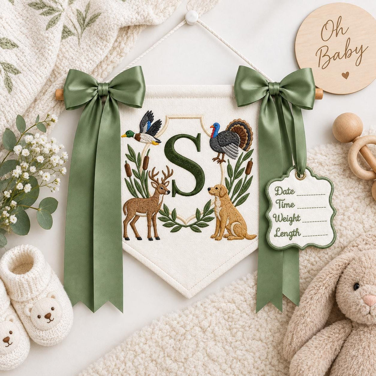 Hunting Baby Boy Name Banner, Personalized Hospital Baby Banner, Duck Deer Turkey Monogram, Baby Name Sign for Hospital, Newborn Gift