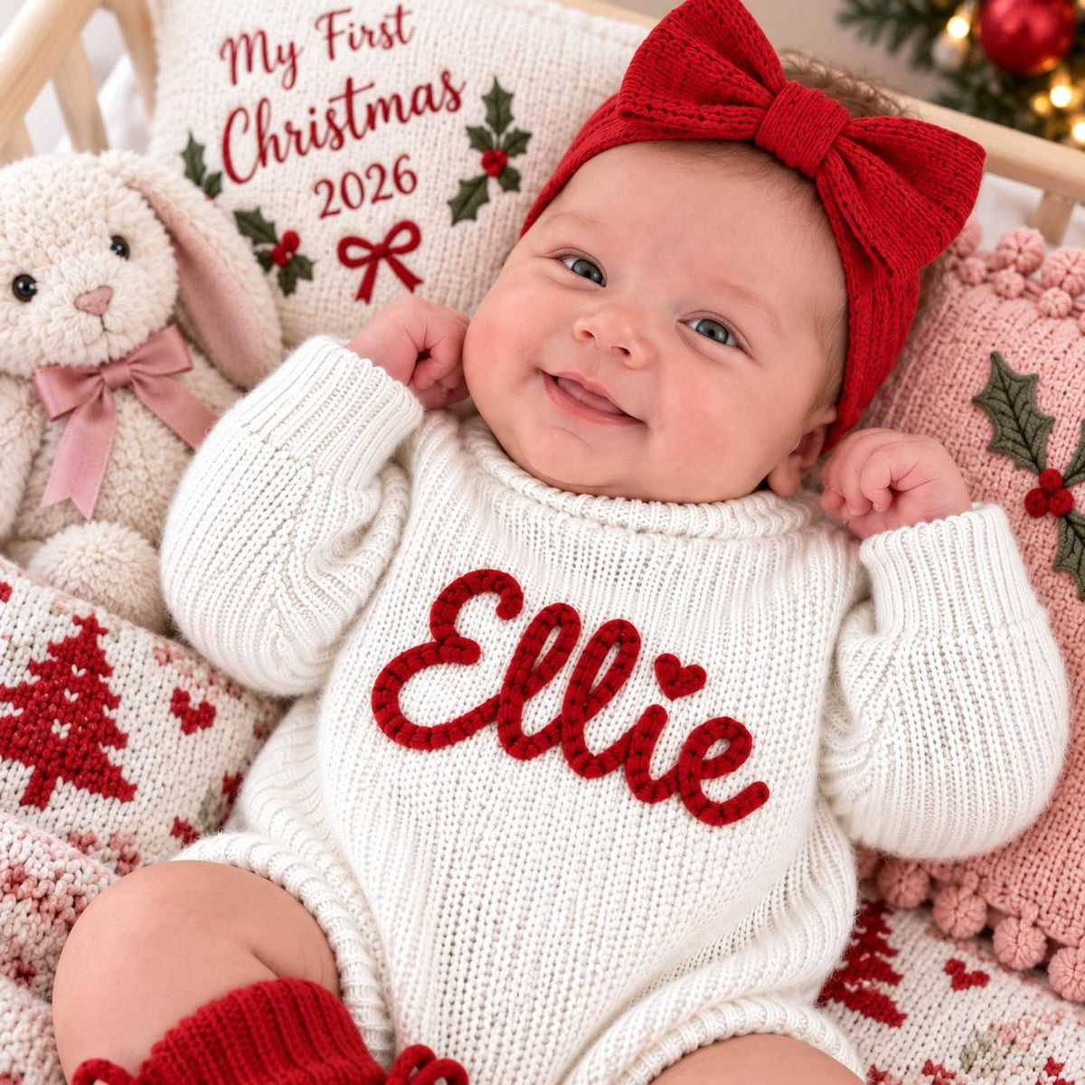 Personalized Baby Christmas Romper, Custom Embroidered Name Outfit, Baby Girl First Christmas Clothes, Newborn Holiday Gift