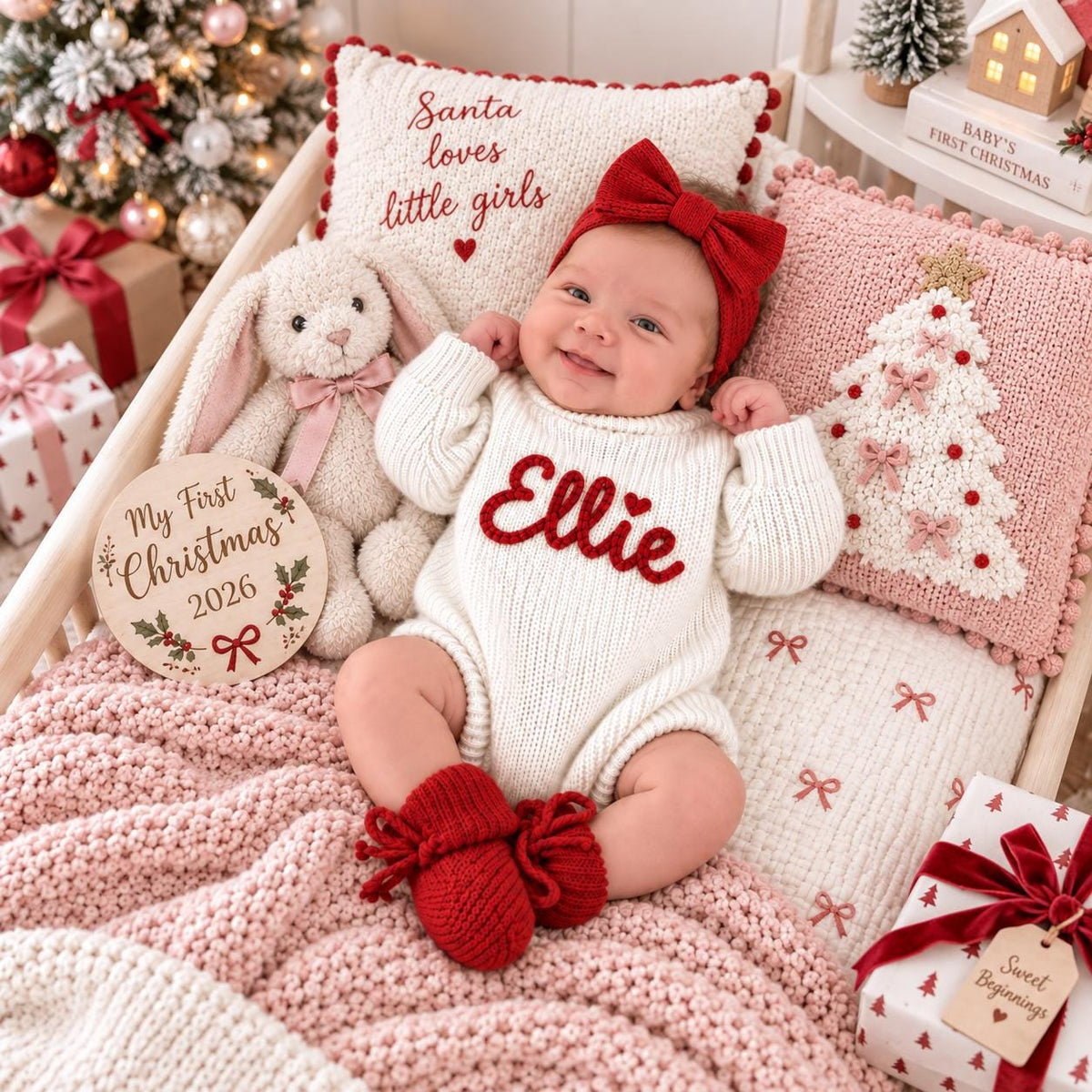 Personalized Baby Christmas Romper, Custom Embroidered Name Outfit, Baby Girl First Christmas Clothes, Newborn Holiday Gift
