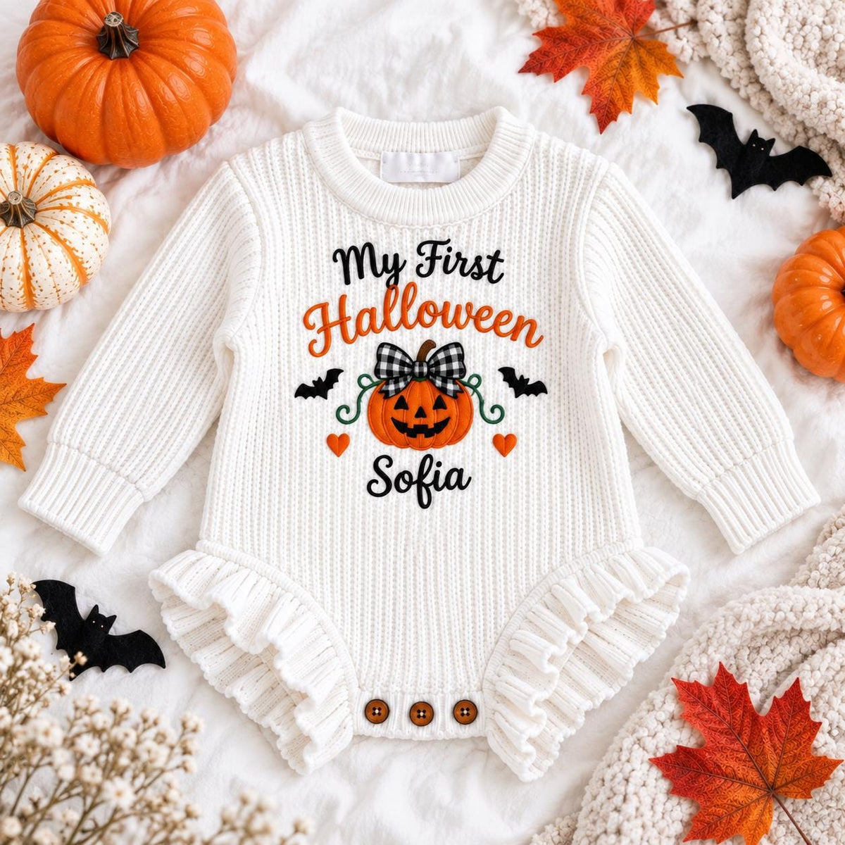 Baby First Halloween Outfit, Personalized Pumpkin Romper, Custom Embroidered Baby Name, Newborn Girl Halloween Clothes, Fall Baby Gift