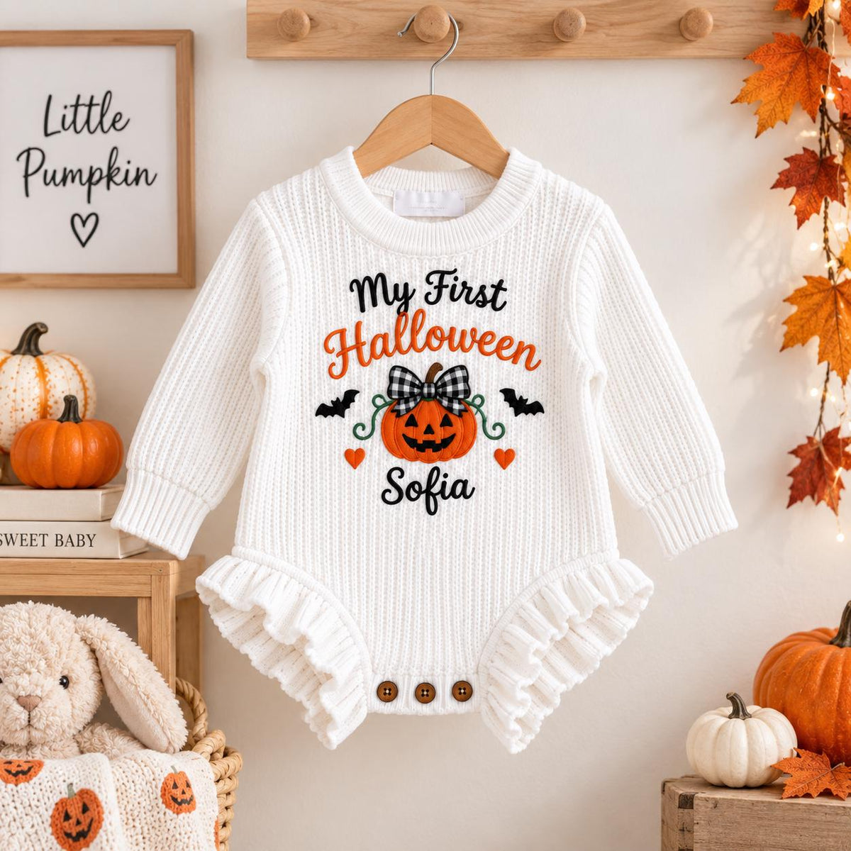 Baby First Halloween Outfit, Personalized Pumpkin Romper, Custom Embroidered Baby Name, Newborn Girl Halloween Clothes, Fall Baby Gift