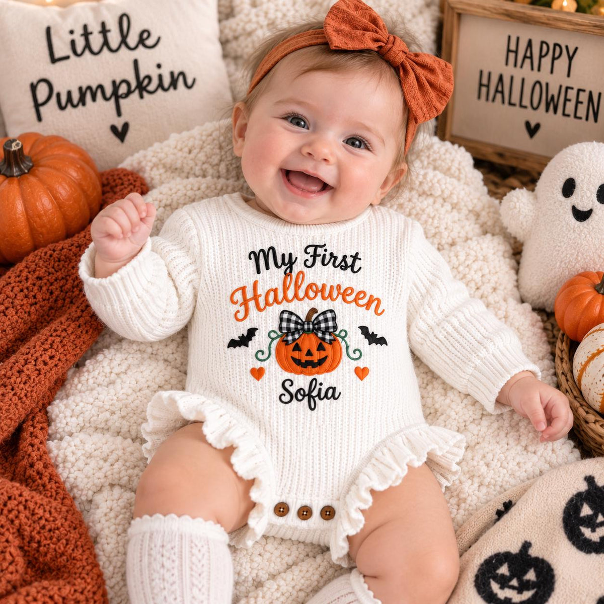 Baby First Halloween Outfit, Personalized Pumpkin Romper, Custom Embroidered Baby Name, Newborn Girl Halloween Clothes, Fall Baby Gift