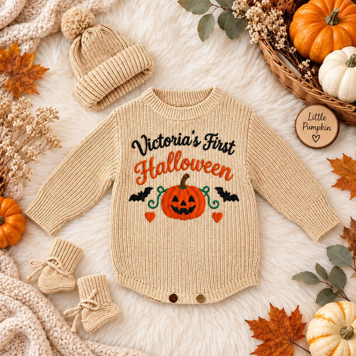 Personalized Baby Halloween Romper, Embroidered First Halloween Outfit, Little Pumpkin Bodysuit, Custom Baby Fall Outfit