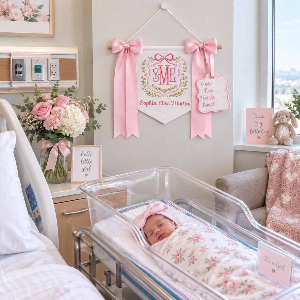 Personalized Baby Banner with Birth Name Tag, Monogram Name Sign, Hospital Door Sign, Newborn Announcement, Nursery Hanging with Bows