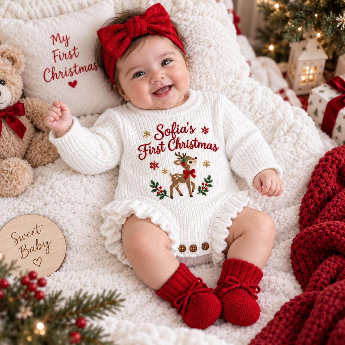 Personalized Baby Girl First Christmas Romper Set, Embroidered Name Bodysuit, Headband, Booties (Holiday Outfit)