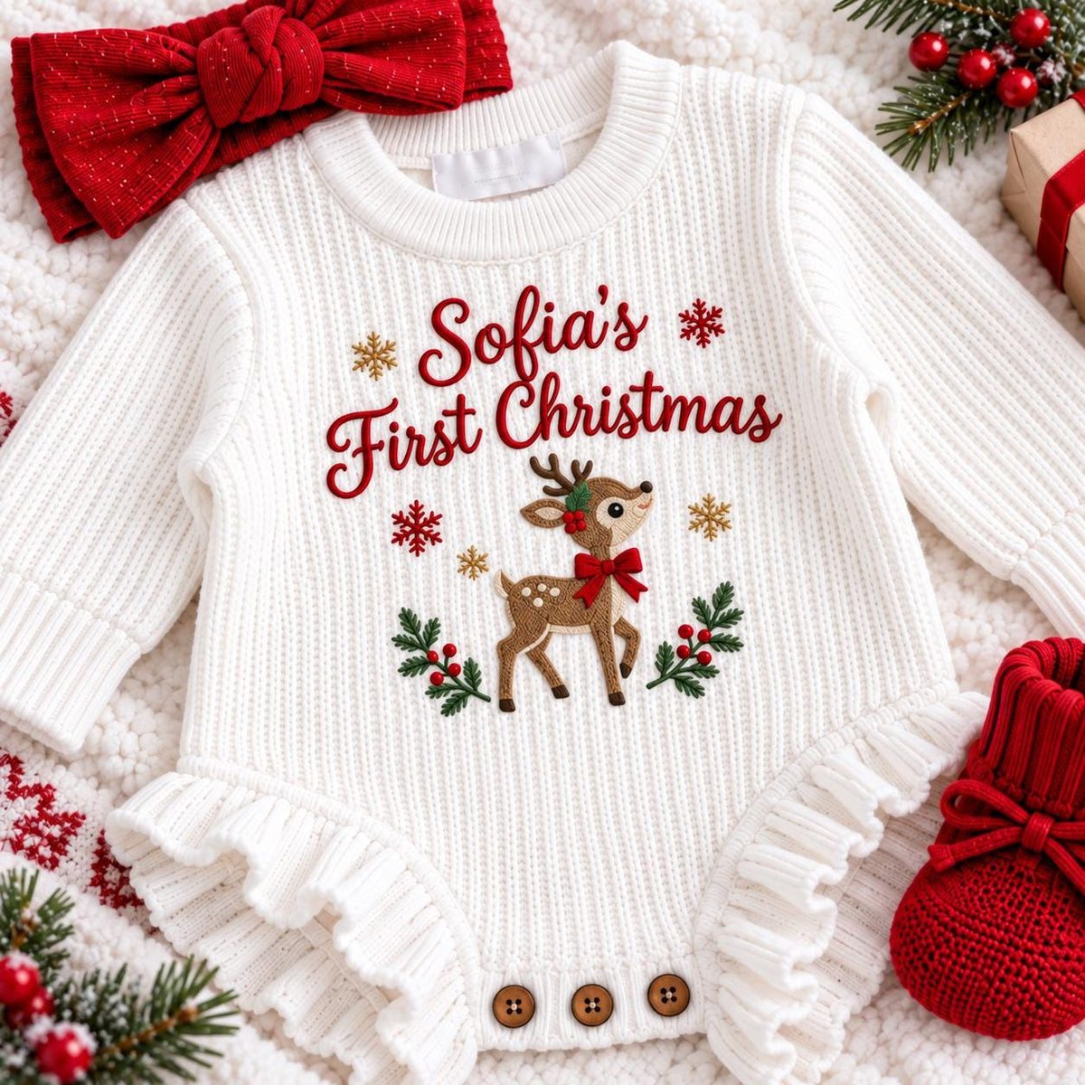 Personalized Baby Girl First Christmas Romper Set, Embroidered Name Bodysuit, Headband, Booties (Holiday Outfit)