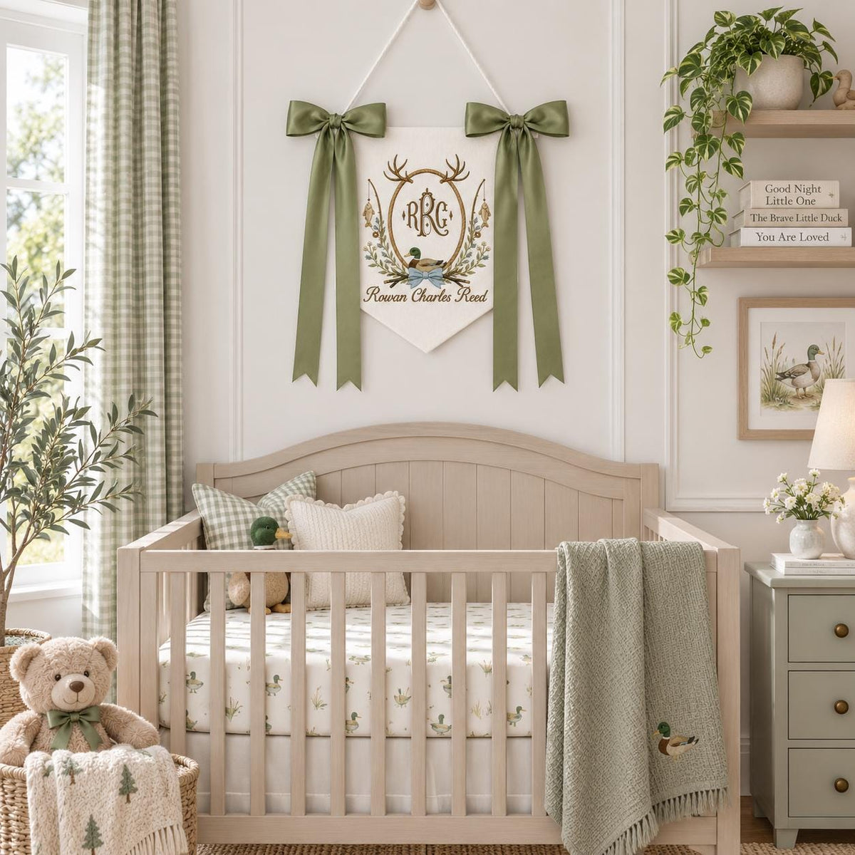 Personalized Duck Baby Banner with Birth Date, Monogram Name Sign, Hospital Door Sign, Nursery Hanging Pennant with Sage Green Bow