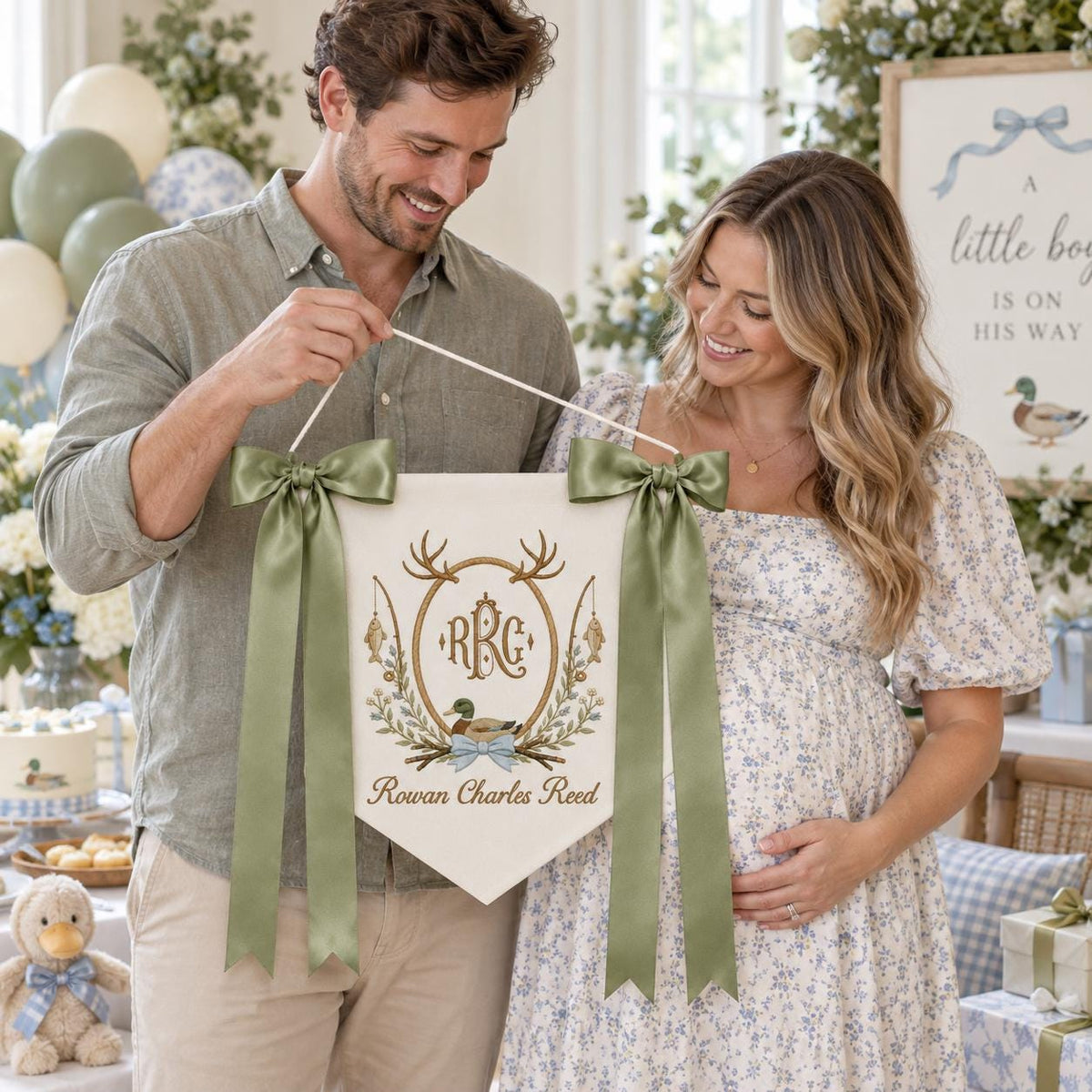 Personalized Duck Baby Banner with Birth Date, Monogram Name Sign, Hospital Door Sign, Nursery Hanging Pennant with Sage Green Bow
