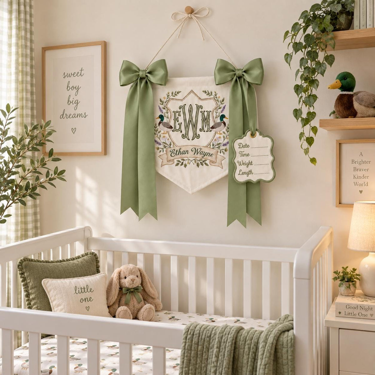Personalized Duck Baby Banner with Birth Date, Monogram Name Sign, Hospital Door Sign, Nursery Hanging Pennant with Sage Green Bow