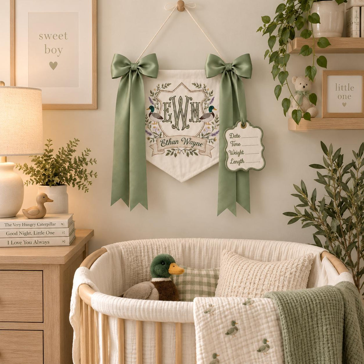 Personalized Duck Baby Banner with Birth Date, Monogram Name Sign, Hospital Door Sign, Nursery Hanging Pennant with Sage Green Bow