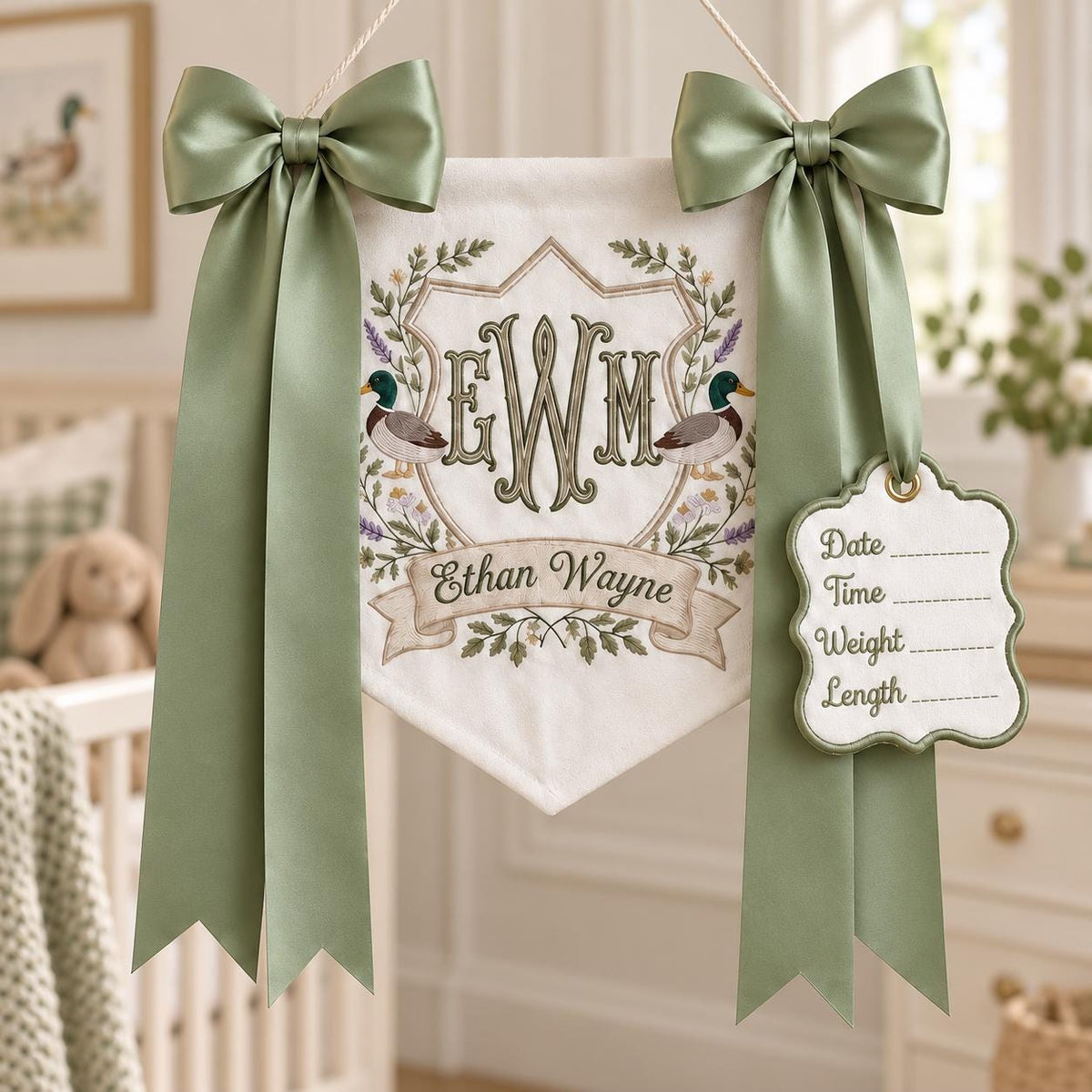 Personalized Duck Baby Banner with Birth Date, Monogram Name Sign, Hospital Door Sign, Nursery Hanging Pennant with Sage Green Bow