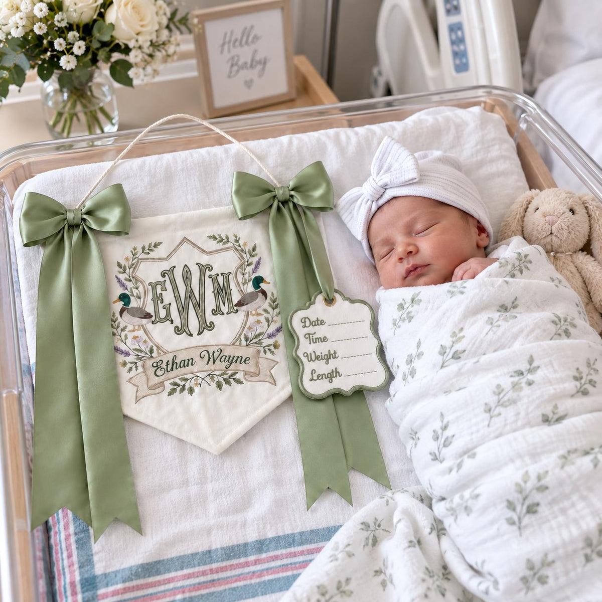 Personalized Duck Baby Banner with Birth Date, Monogram Name Sign, Hospital Door Sign, Nursery Hanging Pennant with Sage Green Bow