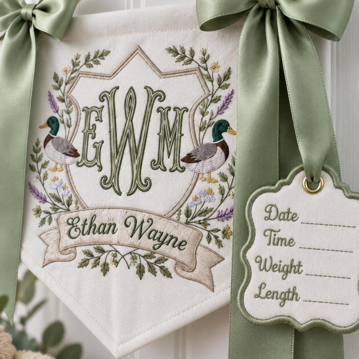 Personalized Duck Baby Banner with Birth Date, Monogram Name Sign, Hospital Door Sign, Nursery Hanging Pennant with Sage Green Bow