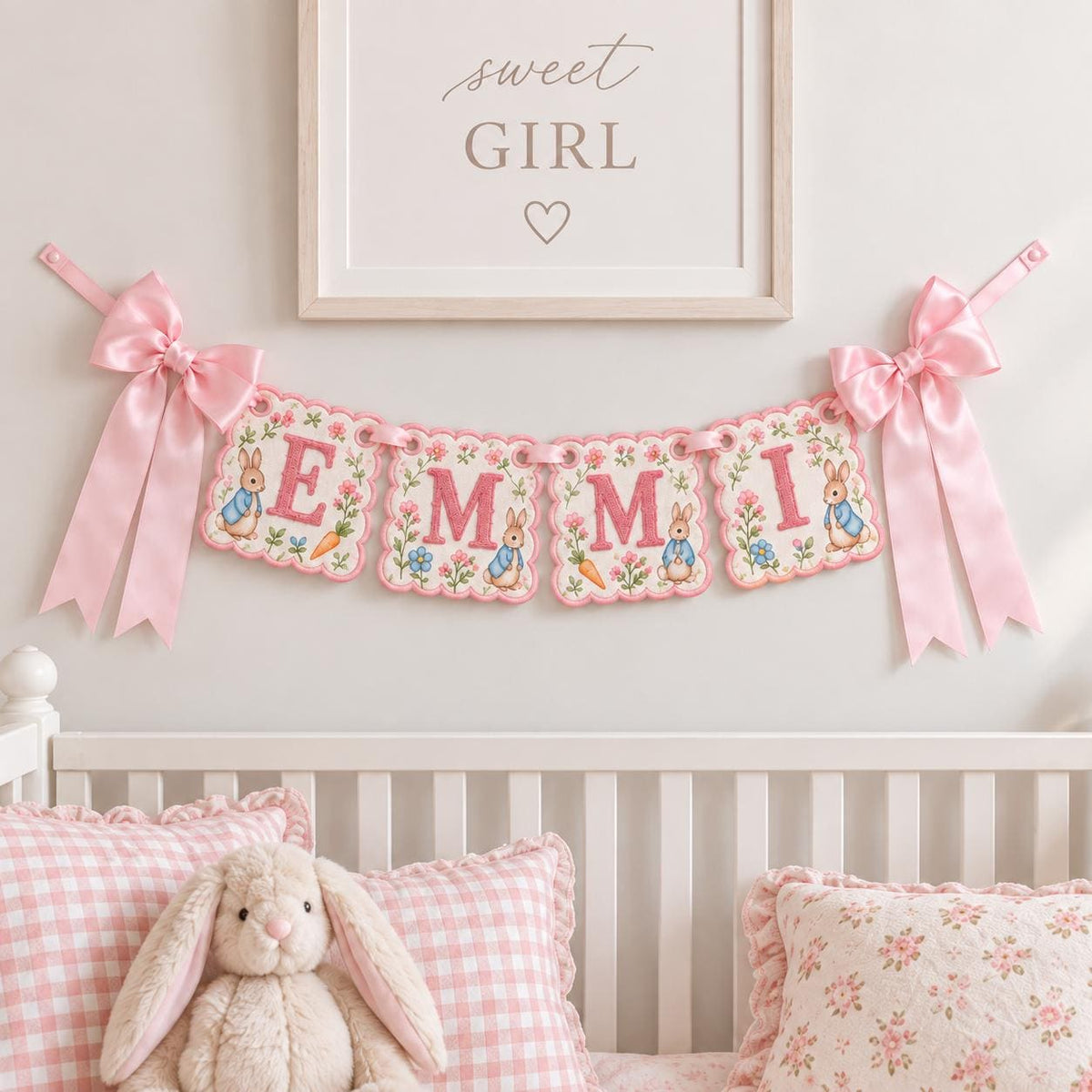 Personalized Bunny Name Banner, Custom Embroidered Nursery Garland, Baby Name Sign, Baby Shower Gift, Nursery Decor, Newborn Keepsake