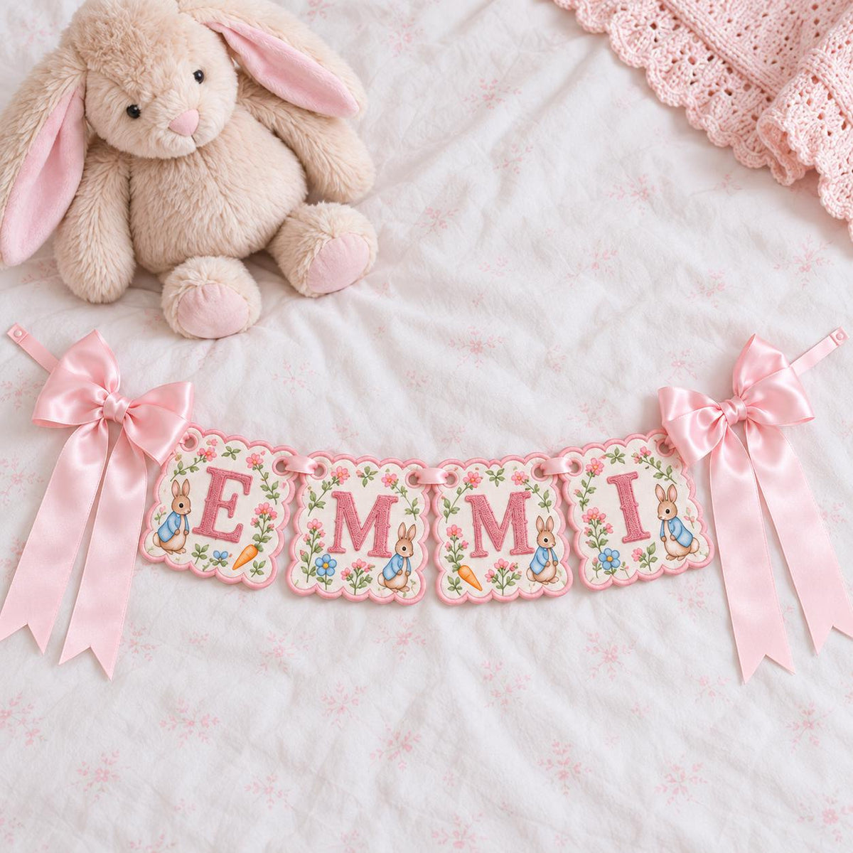 Personalized Bunny Name Banner, Custom Embroidered Nursery Garland, Baby Name Sign, Baby Shower Gift, Nursery Decor, Newborn Keepsake