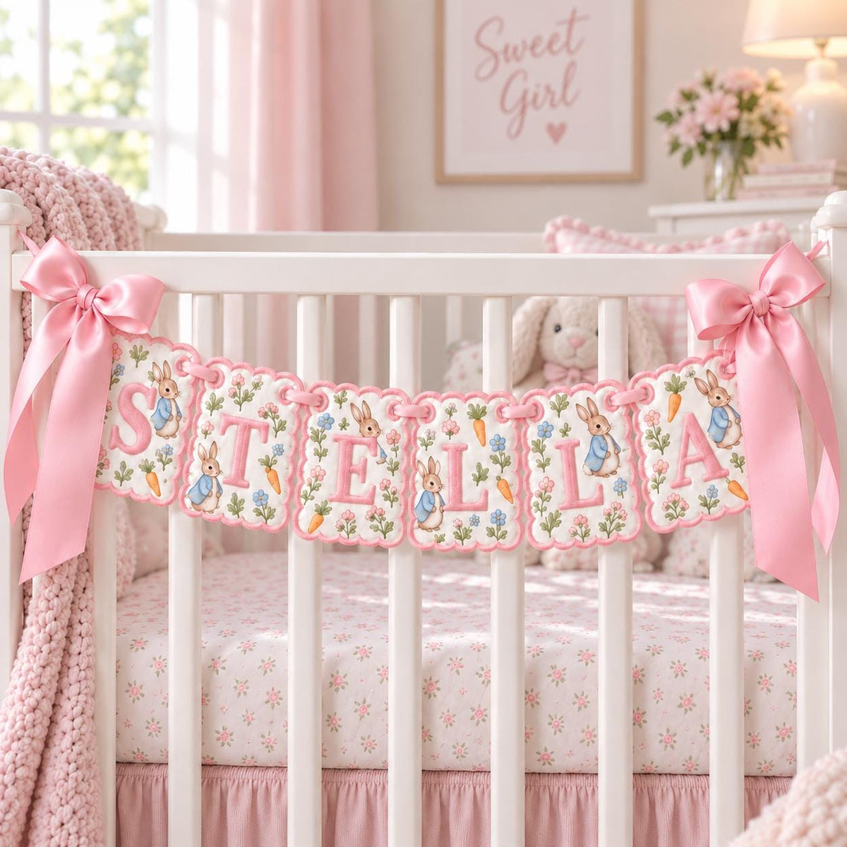 Personalized Baby Name Banner, Embroidered Bunny Name Garland, Custom Baby Boy Crib Banner, Blue Nursery Decor, Baby Shower Gift