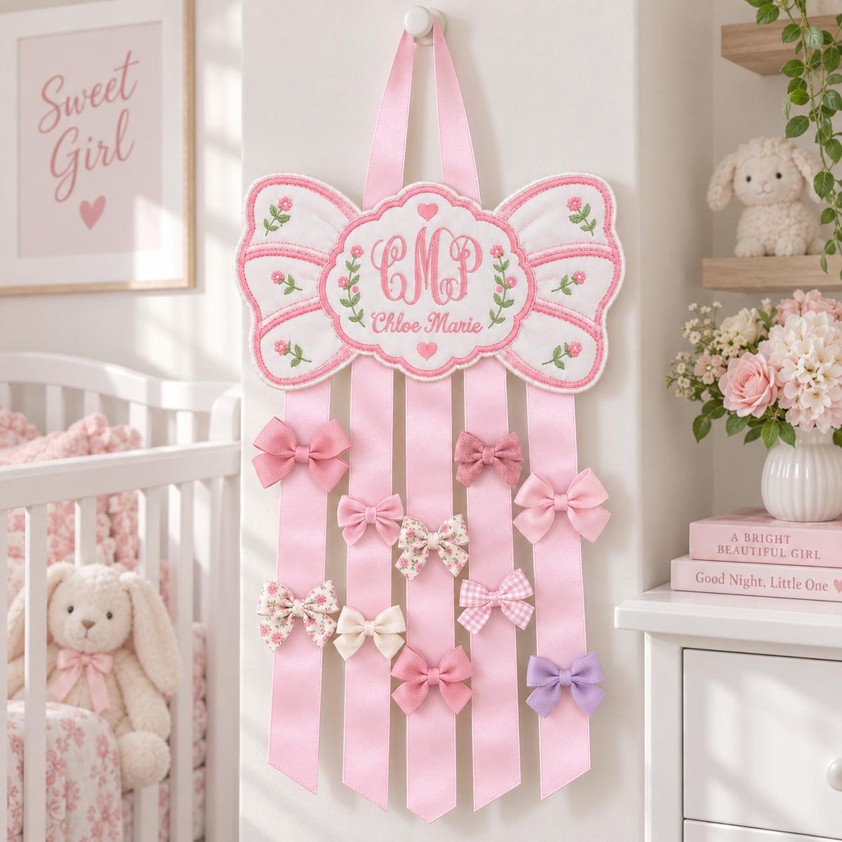 Personalized Hair Bow Holder, Custom Embroidered Bow Organizer, Monogram Nursery Decor, Pink Baby Girl Room Decor, Name Gift