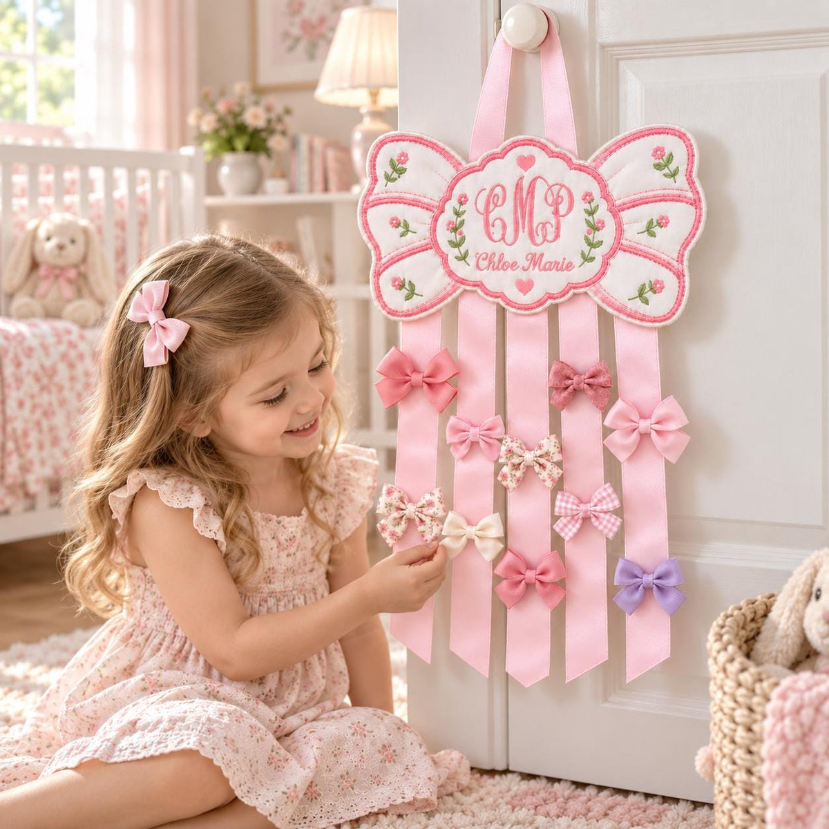 Personalized Hair Bow Holder, Custom Embroidered Bow Organizer, Monogram Nursery Decor, Pink Baby Girl Room Decor, Name Gift
